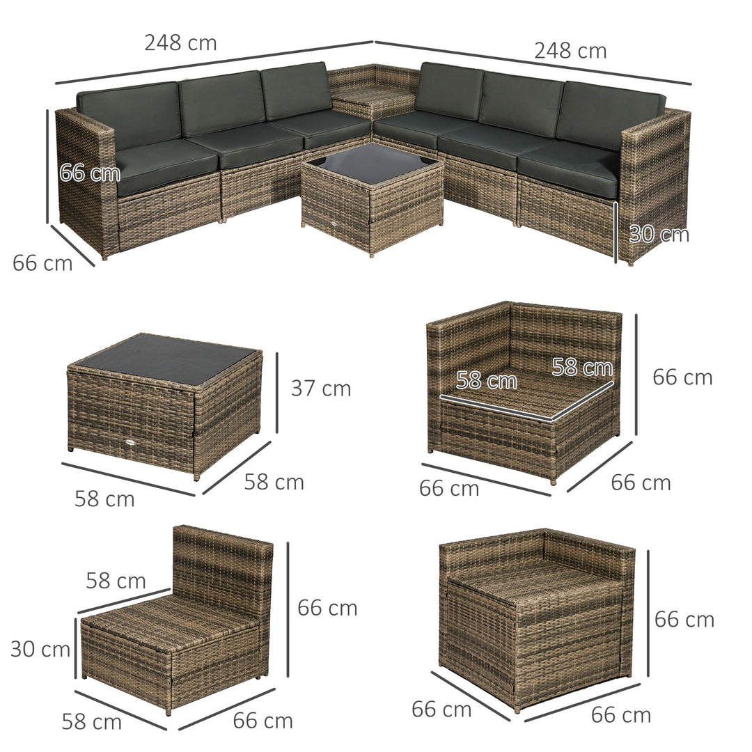 8 Pieces Outdoor PE Rattan Sofa Set with Cushions, Patio Garden Furniture Sets with Glass Top Coffee Table, Storage Corner Table, Mixed Brown