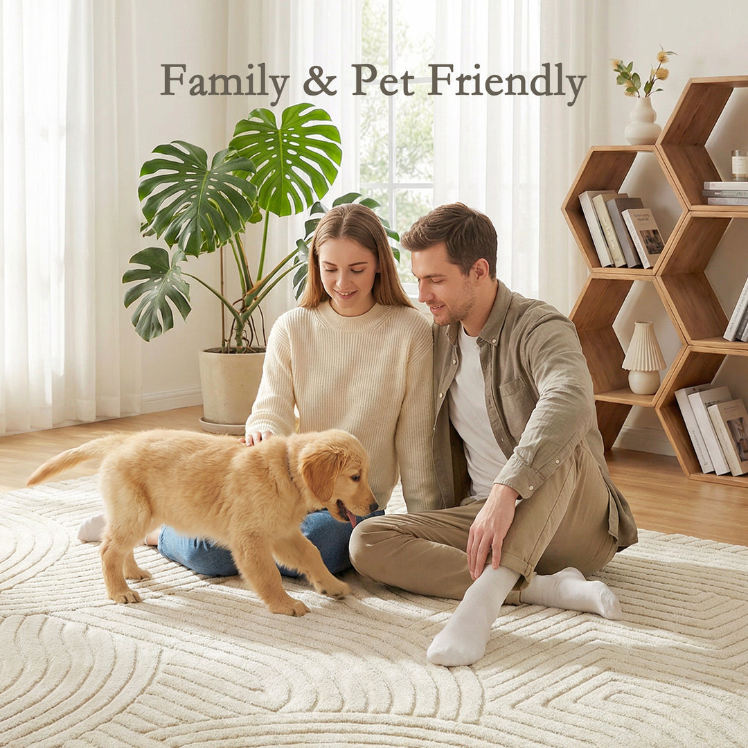 Modern Geometric Rug, Thick Plush, Non-Slip, 200 x 140 cm, Cream, Livi