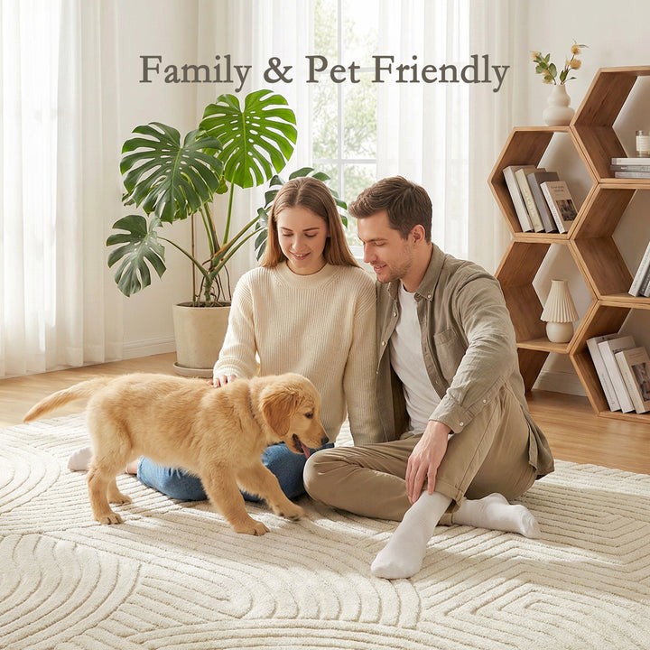 Modern Geometric Rug, Thick Plush, Non-Slip, 200 x 140 cm, Cream, Livi