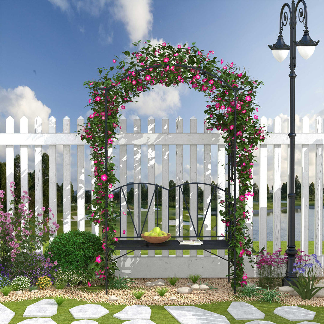 Garden Bench, 2 Seater Outdoor Patio Bench, Metal Garden Loveseat with Arch for Vines and Climbing Plants