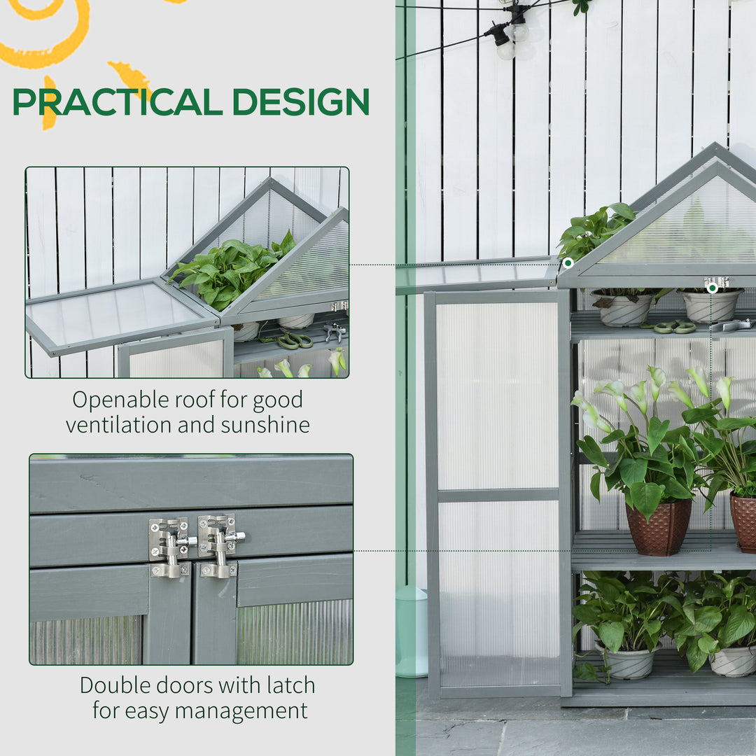 Garden Cold Frame Polycarbonate Greenhouse with Adjustable Shelves, Double Doors, Openable Top Covers, Grow House for Flower Vegetable Plants, 80 x 47 x 138cm, Grey
