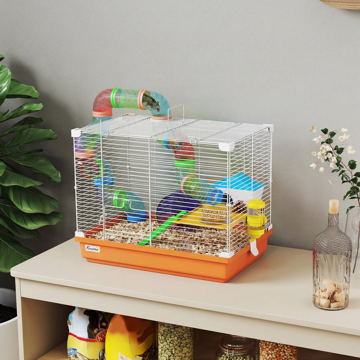 2 Tier Hamster Cage, Gerbil Cage with Handle, Exercise Wheels, Tunnel,