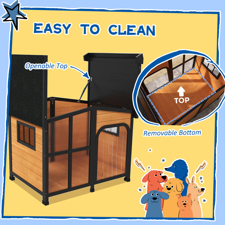 Wooden Dog Kennel with Removable Floor, Asphalt and Openable Roof, Large Window, for Large Dogs, Yellow