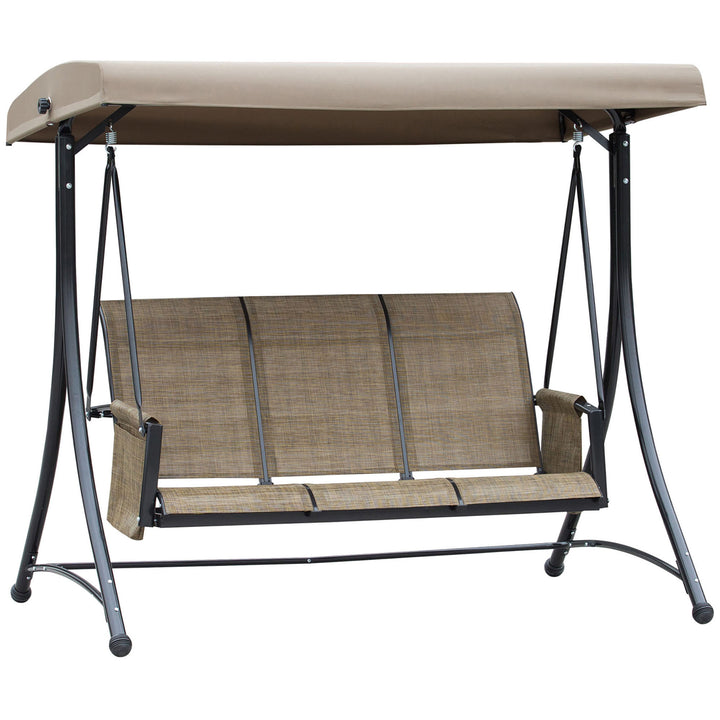 3 Seater Garden Swing Seat Outdoor Swing Chair with High Back Design, Steel Frame, Side Pouches, Adjustable Canopy, Brown