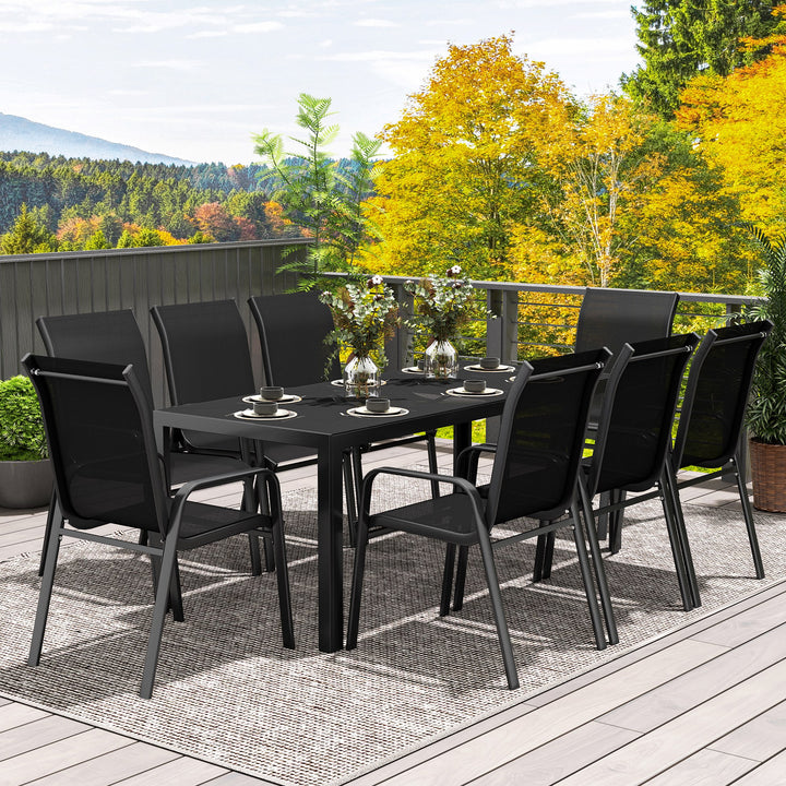 8 Seater Garden Dining Set with Stacking Chairs, Rectangular Tempered Glass Top, Garden Furniture Set, Outdoor Dining Table and Chairs for Patio, Balcony, Poolside, Black