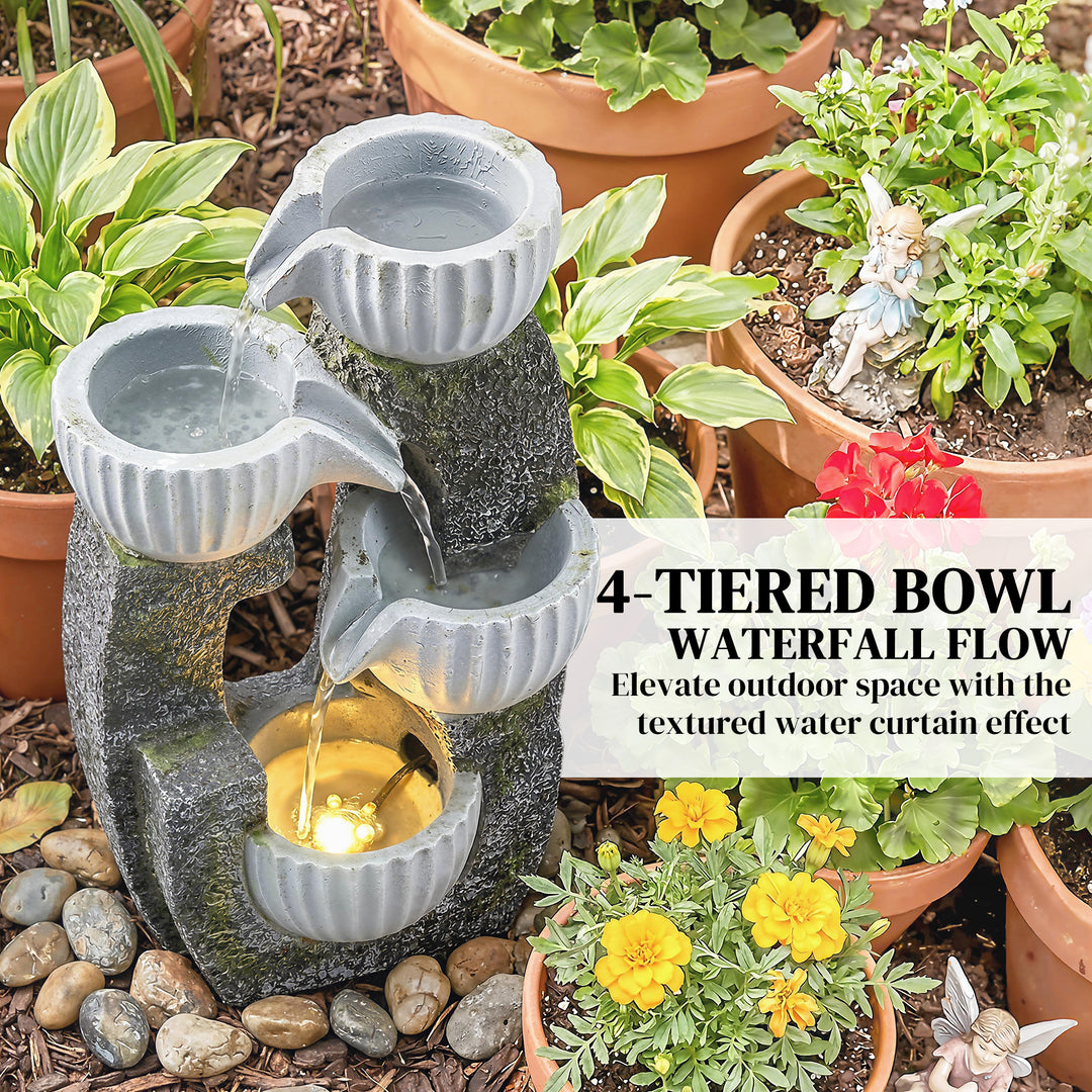 4-Tier Bowl Water Feature, Indoor Outdoor Garden Water Fountain with P