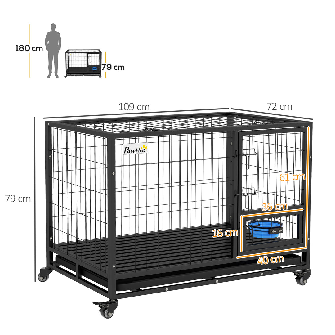 PawHut 43" Heavy Duty Dog Crate on Wheels w/ Bowl Holder, Removable Tray, Detachable Top, Double Doors for L, XL Dogs