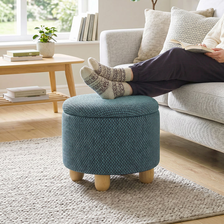 Storage Sitting Bench with Lid, Round Storage Ottoman with Rubberwood 