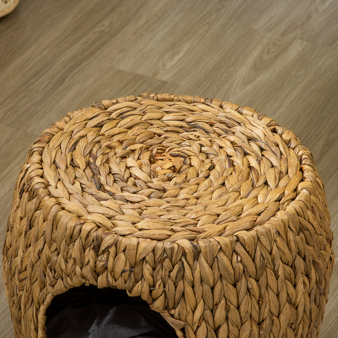 Wicker Cat Bed Cat House Stool with Washable Cushion, 44 x 43 x 41cm