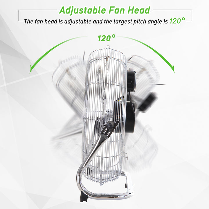 20" Chrome Metal Floor Fan with Tilting, High Velocity, 3 Speed, Portable Gym Fan for Home Office, Silver