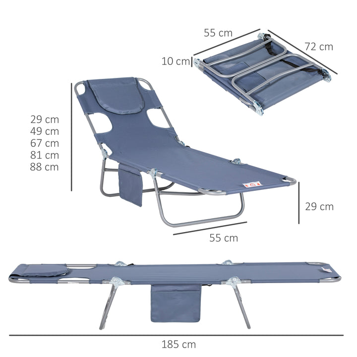 Foldable Sun Lounger, Beach Chaise Lounge with Reading Hole, Arm Slots, 5-Position Adjustable Backrest, Side Pocket, Pillow for Garden, Beach, Pool, Grey