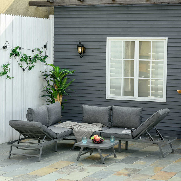 Outsunny 3 Pcs Garden Seating Set w/ Convertible Sofa Lounge Table Padded Cushions Outdoor Patio Furniture Couch Grey