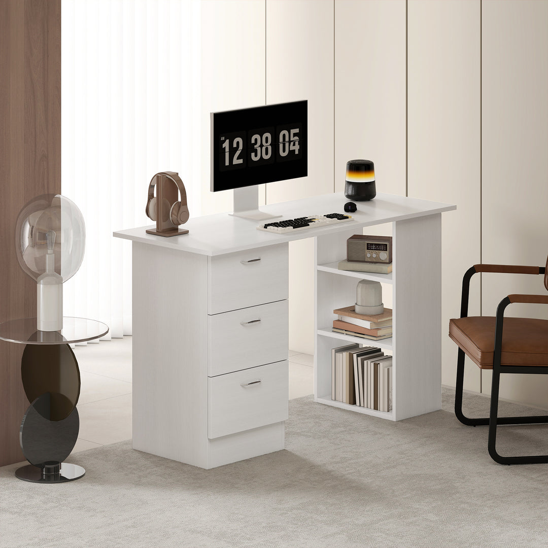 Computer Desk, Writing Table, PC Workstation with 3 Storage Shelves and Drawers, Silver Handle, for Home Office, White