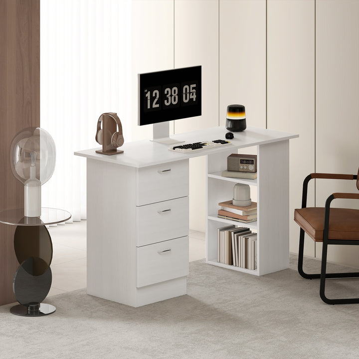 Computer Desk, Writing Table, PC Workstation with 3 Storage Shelves and Drawers, Silver Handle, for Home Office, White