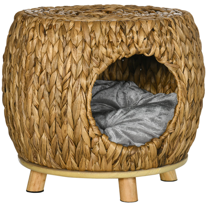 Wicker Cat Bed Cat House Stool with Washable Cushion, 44 x 43 x 41cm