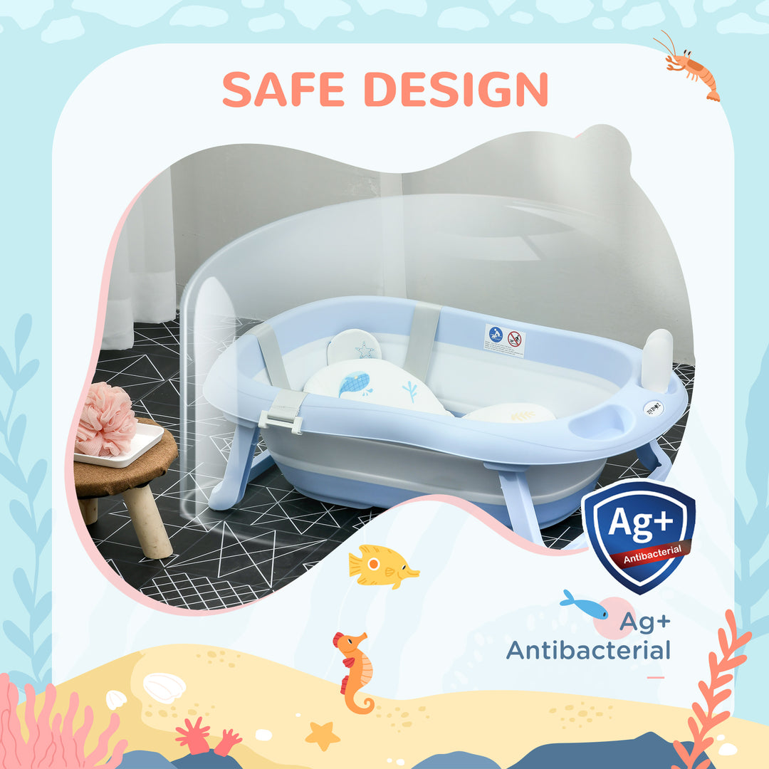 ZONEKIZ Foldable Baby Bath Tub, Bath Tub with Non-Slip Support, Cushion Pad, Drain Plugs, Shower Head Holder, for Newborn to 6 Years - Blue | Aosom UK