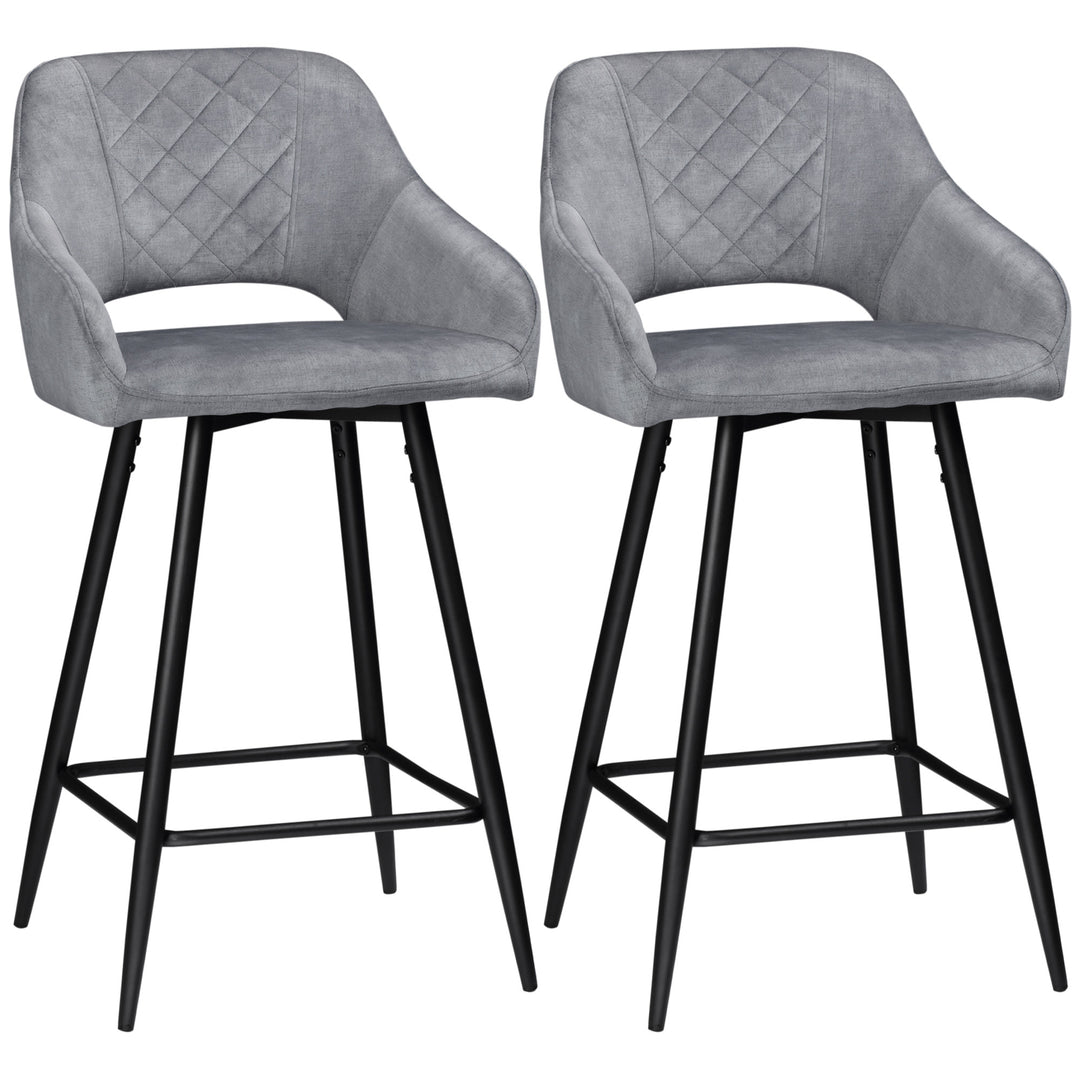 Bar Stools Set of 2, Velvet-Touch Fabric Counter Height Bar Chairs, Kitchen Stools with Steel Legs for Dining Area, Kitchen Island Barstools, Grey