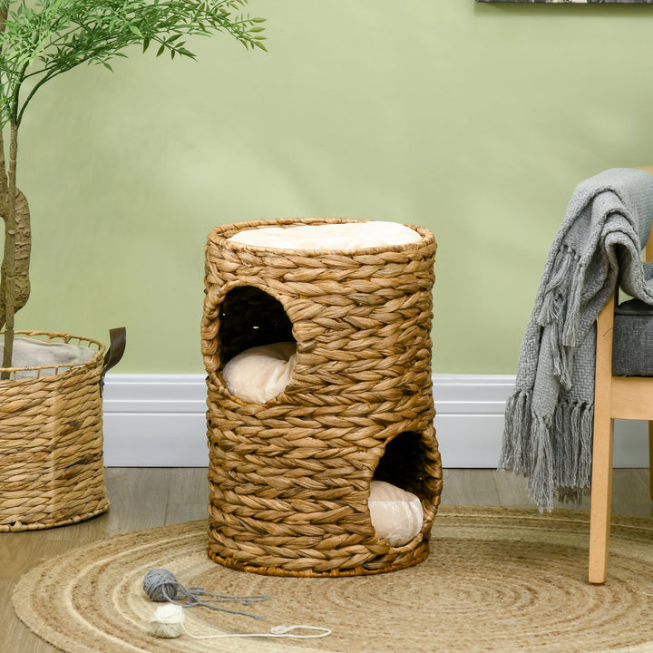 PawHut 47cm Cat Barrel Tree for Indoor Cats with 2 Cat Houses, Kitten Tower with Cushion - Light Brown | Aosom UK