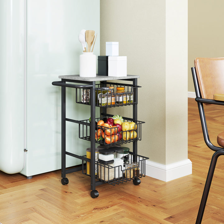 Three Basket Mobile Kitchen Island, with Brakes - Grey/Black