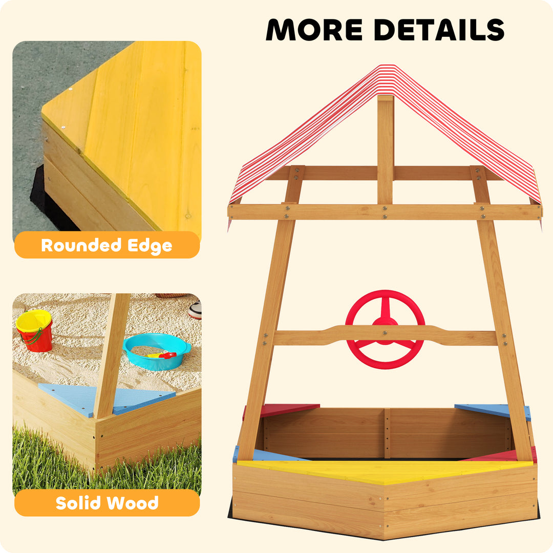 AIYAPLAY Wooden Kids Sandpit Boat Style with Canopy, 4 Seats, Rudder, Bottom Liner, for Children 3-8 Years, Yellow