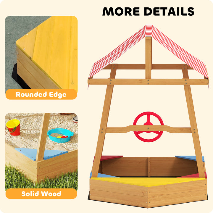 AIYAPLAY Wooden Kids Sandpit Boat Style with Canopy, 4 Seats, Rudder, Bottom Liner, for Children 3-8 Years, Yellow