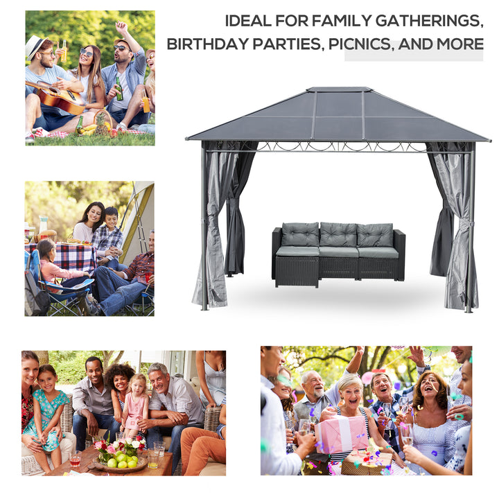 3 x 3.6m Hardtop Gazebo Canopy with Polycarbonate Roof, Permanent Pavilion Garden Gazebo with Curtains for Patio, Deck, Grey
