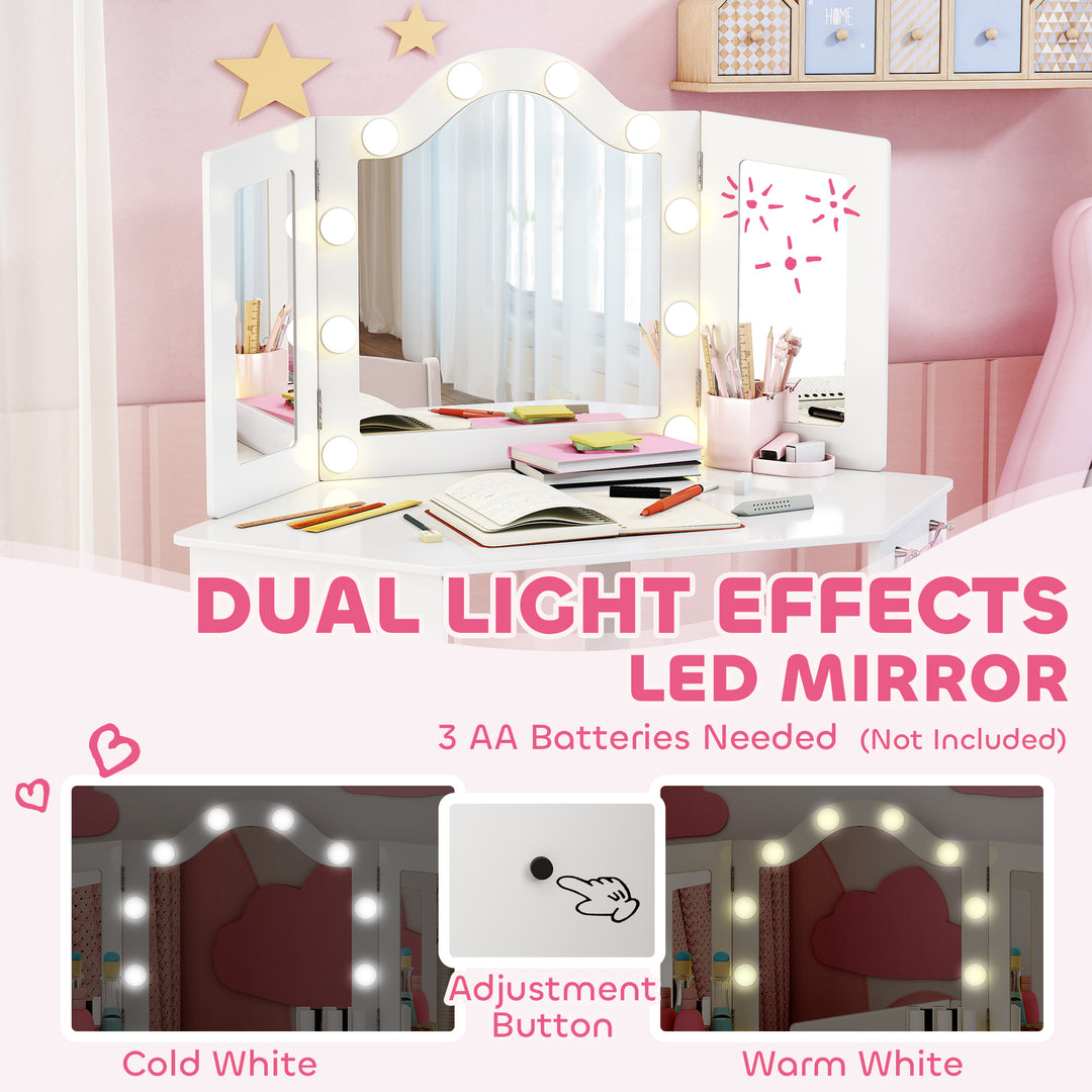 MCL Kids Dressing Table and Stool Set, Girls Vanity Table with 2-Colour LED Lights, Tri-Folding Mirror, White