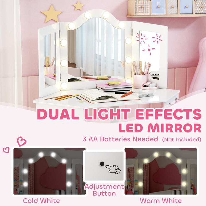 MCL Kids Dressing Table and Stool Set, Girls Vanity Table with 2-Colour LED Lights, Tri-Folding Mirror, White