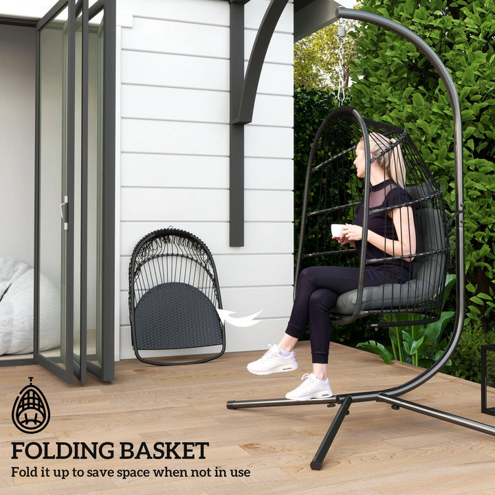 Hanging Egg Chair, Foldable Rattan Garden Swing Chair with Installation Kit, Thickened Cushion and Headrest, Indoor Outdoor Hanging Egg Basket Seat for Patio, Porch, Dark Grey
