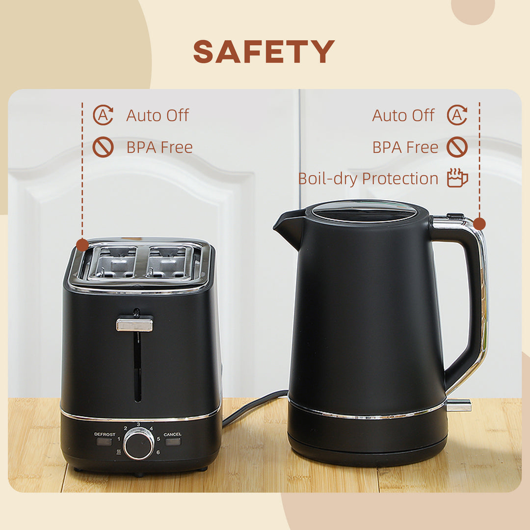 Kettle and Toaster Set, 1.7L 3000W Fast Boil Kettle & 2 Slice Toaster Kitchen Set with 6 Level Browning Controls, Defrost, Reheat, Black