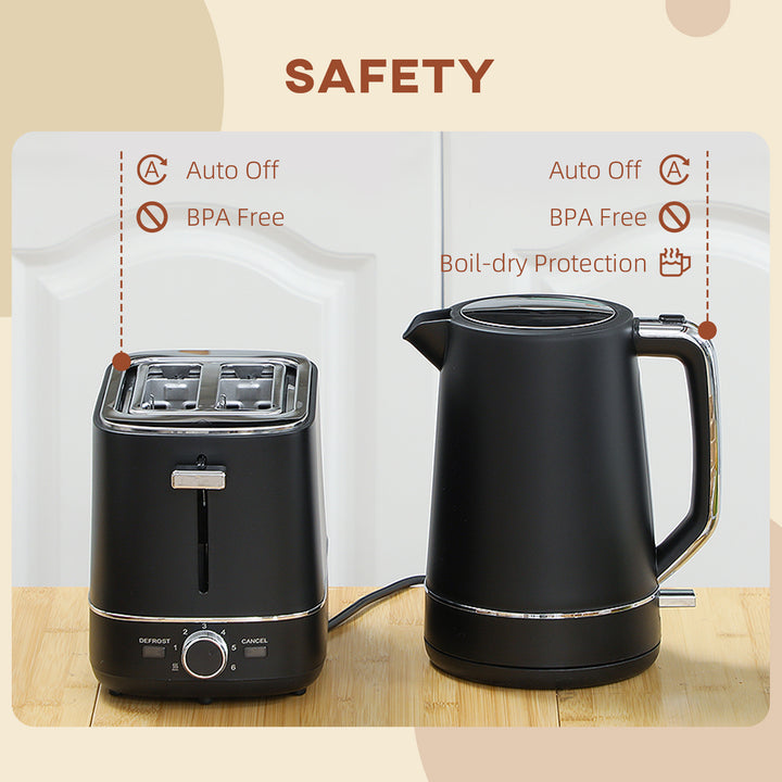 Kettle and Toaster Set, 1.7L 3000W Fast Boil Kettle & 2 Slice Toaster Kitchen Set with 6 Level Browning Controls, Defrost, Reheat, Black