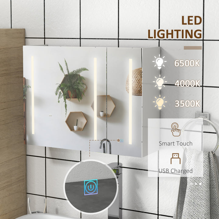 Bathroom Mirror Cabinet with Light, Bathroom Storage Cupboard with USB Charge, Adjustable Shelf, 90x15x70cm, White