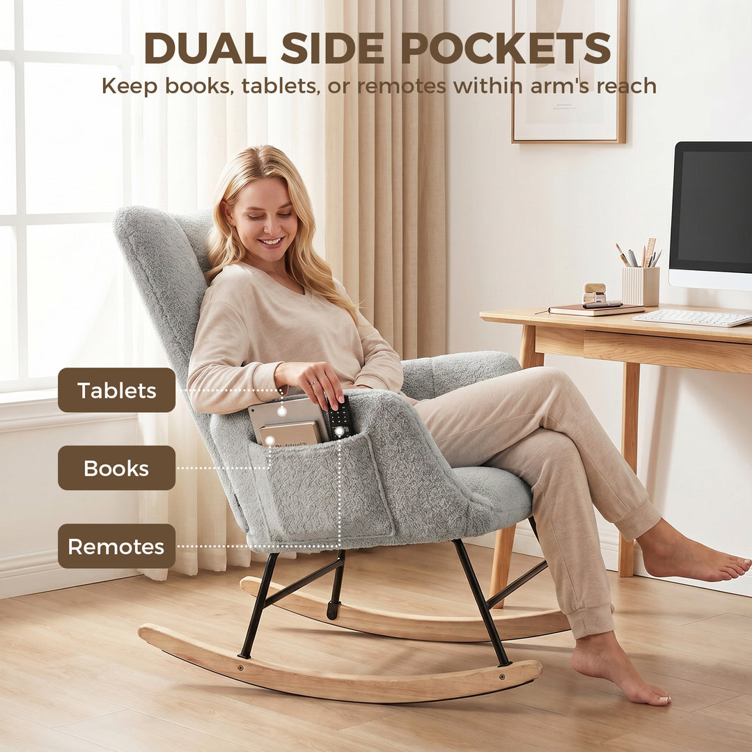 Rocking Chair, Teddy Fleece Rocker Chair with Tufted Wingback, Side Po