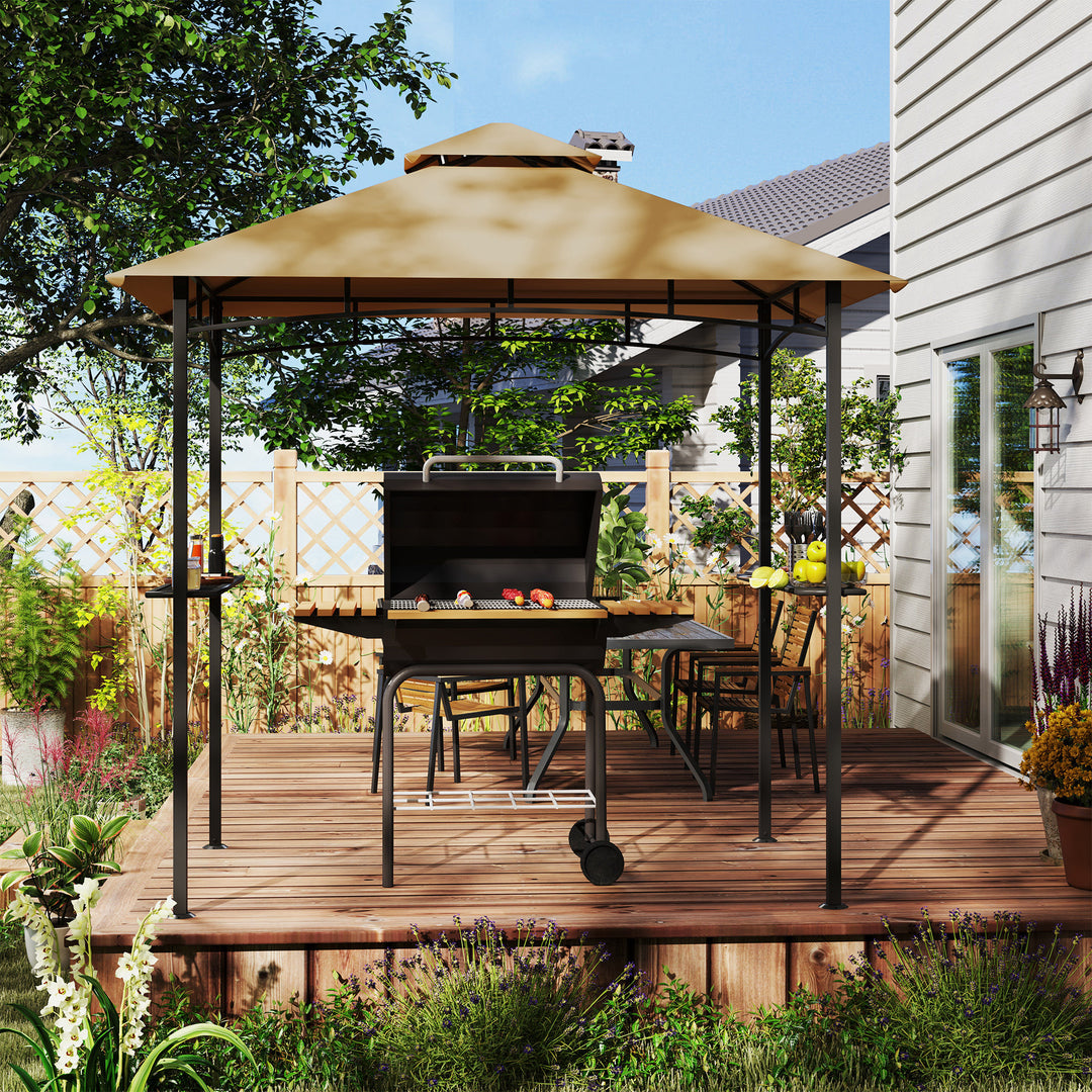 2.5x1.5m (8'x5') Grill Gazebo Canopy, Double Tiered Outdoor BBQ Gazebo Shelter with 2 Side Shelves for Garden, Patio, Barbecue, Picnic, Khaki