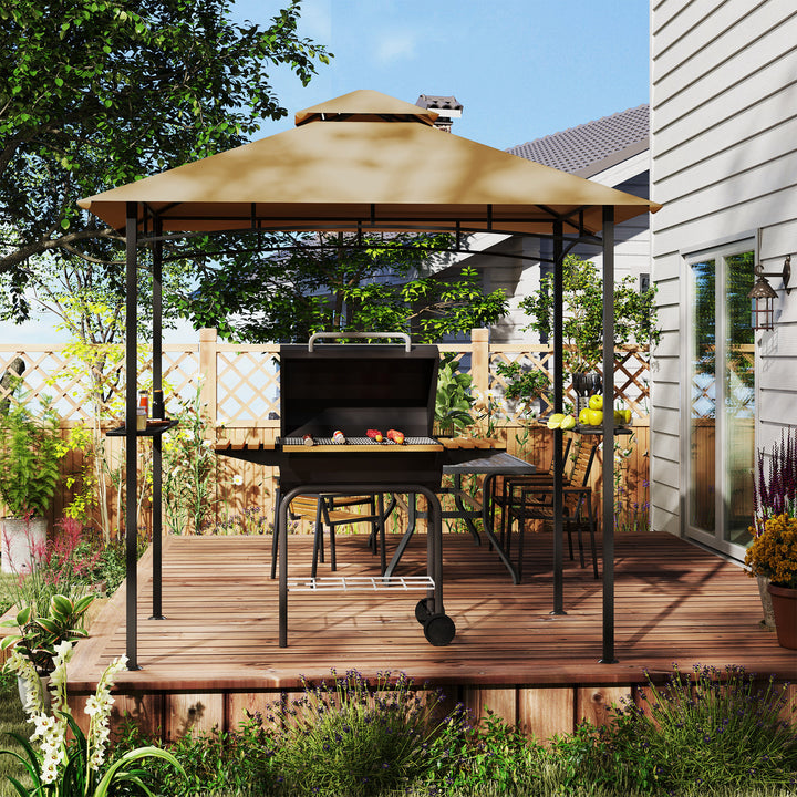 2.5x1.5m (8'x5') Grill Gazebo Canopy, Double Tiered Outdoor BBQ Gazebo Shelter with 2 Side Shelves for Garden, Patio, Barbecue, Picnic, Khaki
