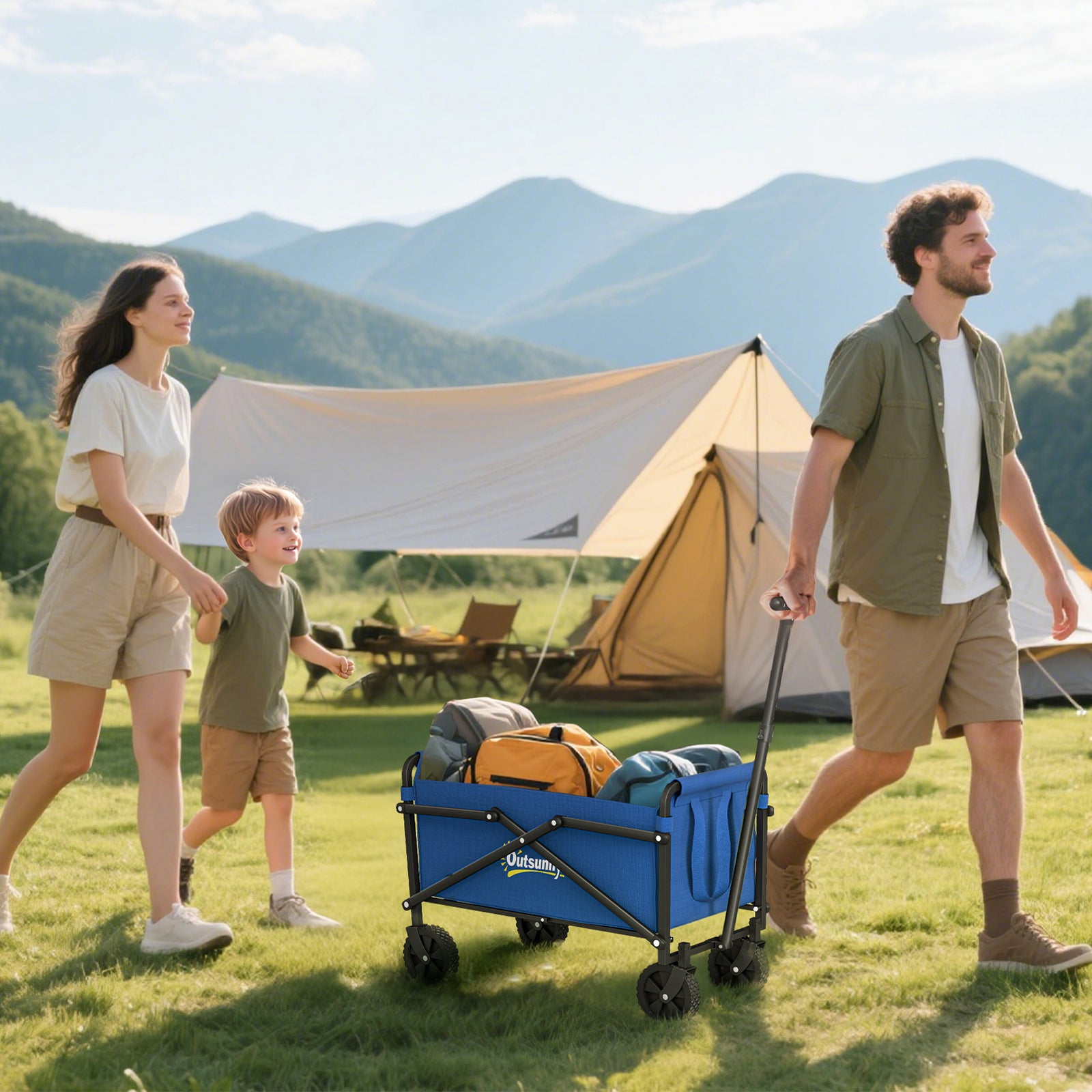 41L Festival Trolley on Wheels, Small Garden Folding Trolley Cart, 60kg Heavy Duty Collapsible Folding Wagon with Adjustable Handle and Carrying Bag for Beach, Camping, Festival, Blue