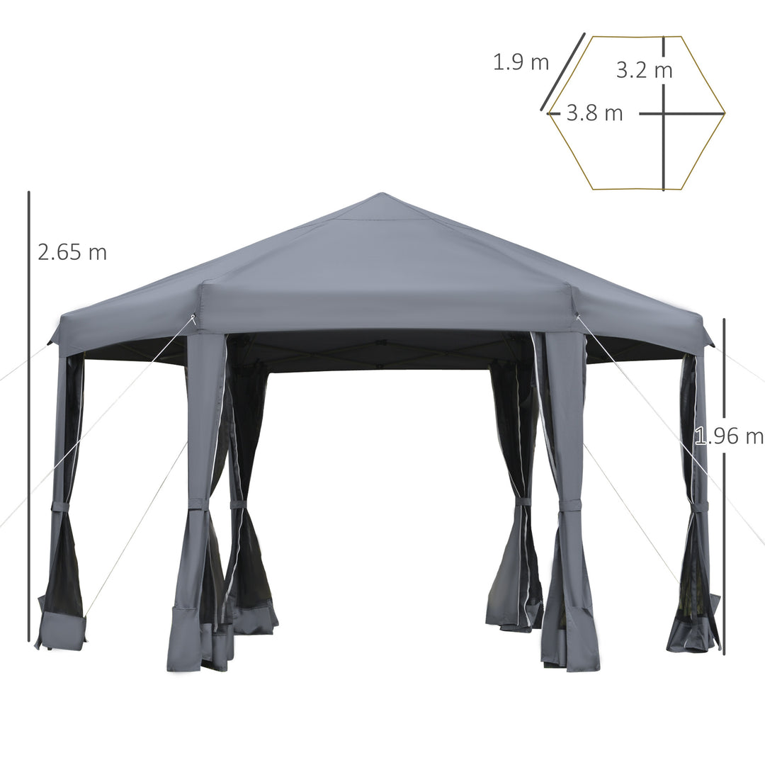 3.8m x 3.2m Pop Up Gazebo Hexagonal Canopy Tent Outdoor Sun Protection with 6 Mesh Sidewalls, Hand Bag, Grey