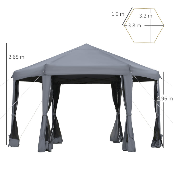 3.8m x 3.2m Pop Up Gazebo Hexagonal Canopy Tent Outdoor Sun Protection with 6 Mesh Sidewalls, Hand Bag, Grey