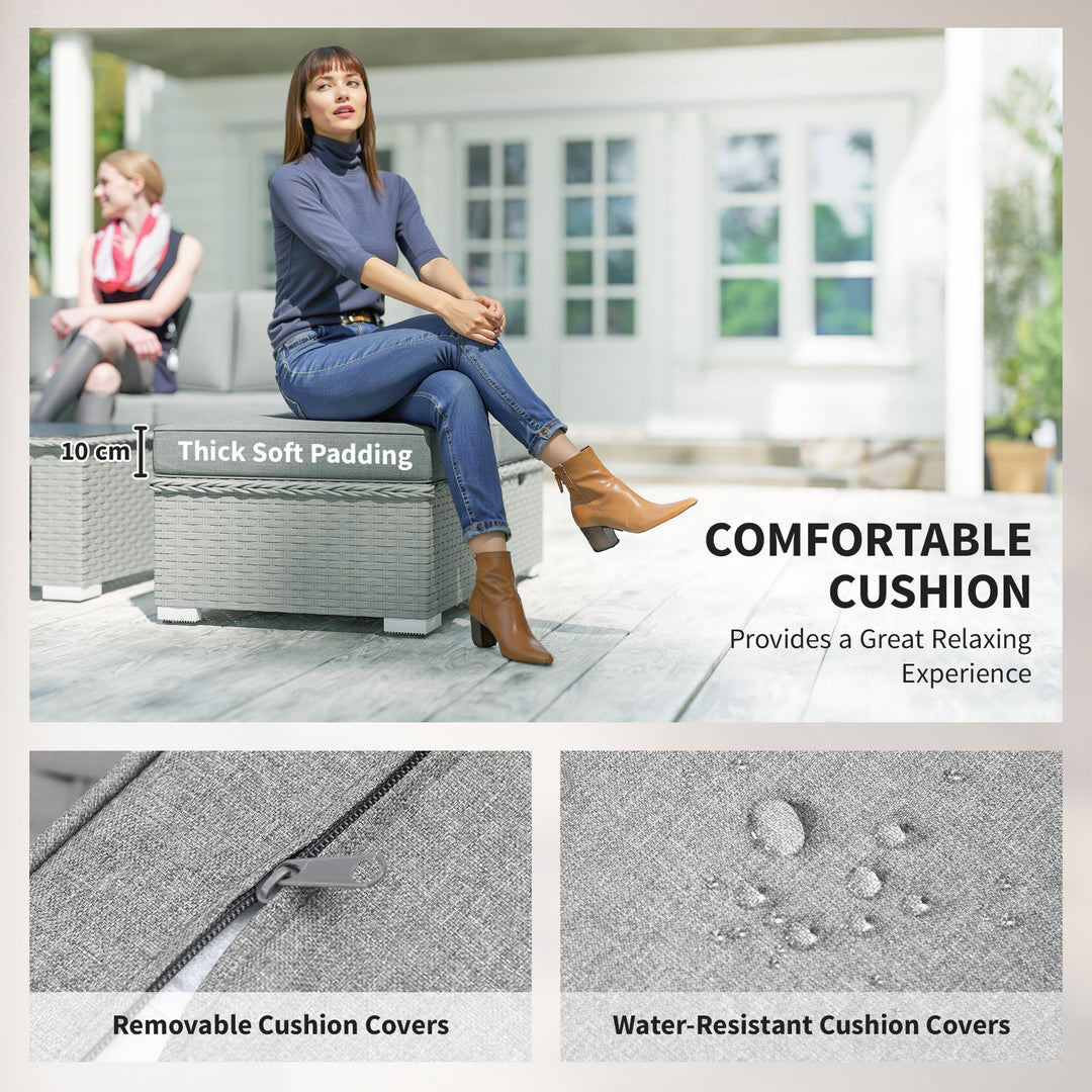 MCL 6 Pieces Outdoor PE Rattan Wicker Corner Sofa Set with 10cm Thick Padded Cushions, Aluminium Conservatory Furniture with Glass Top Coffee Table, Footstools, Grey