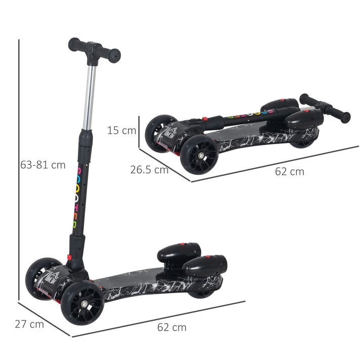 HOMCOM Kids 3 Wheel Scooter Adjustable Height w/ Flashing Wheels Music Water Spray Foldable Design Cool On Off Road Vehicle Black | Aosom UK