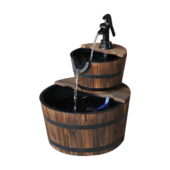 Outsunny Wooden Water Pump Fountain Cascading Feature Barrel Garden Deck (2 Tier) | Aosom UK