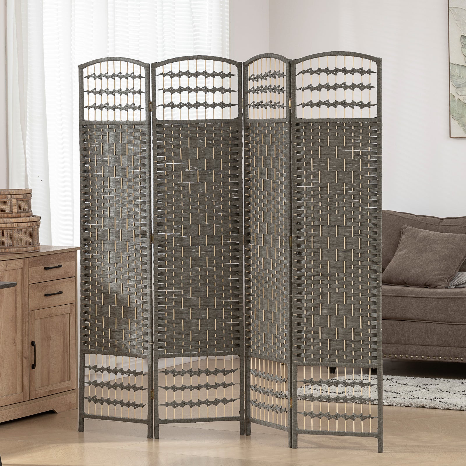 4 Panel Folding Privacy Screen, Room Divider with Pine Wood Frame for 