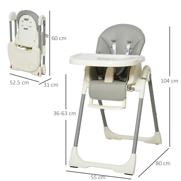 Foldable Baby High Chair Convertible Feeding Chair Height Adjustable with Adjustable Backrest Footrest and Removable Tray 5 Point Safety Harness for Kids 6 - 36 Months Grey