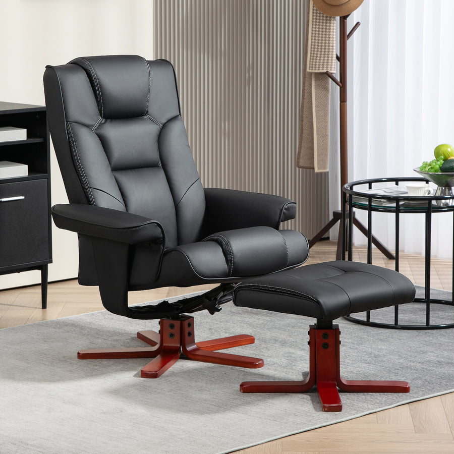Faux Leather Manual Recliner and Footstool Set - Black