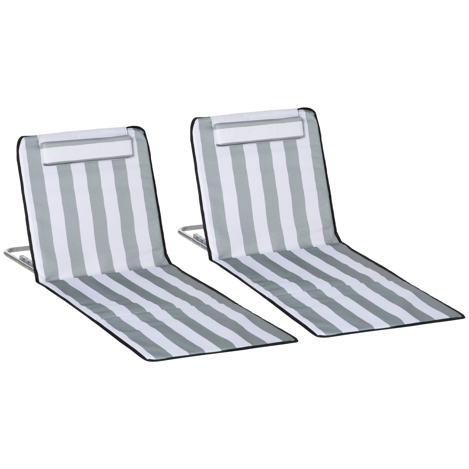 Set of 2 Foldable Garden Beach Chair Mat Lightweight Outdoor Sun Lounger Seats Adjustable Back Metal Frame PE Fabric Head Pillow w/ Carry Bag, Light Grey