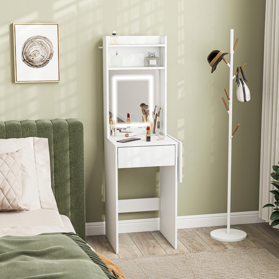 Small Vanity Desk with Mirror and LED Lights, Compact Dressing Table with Drop Leaf, Open Shelves and Drawer, White