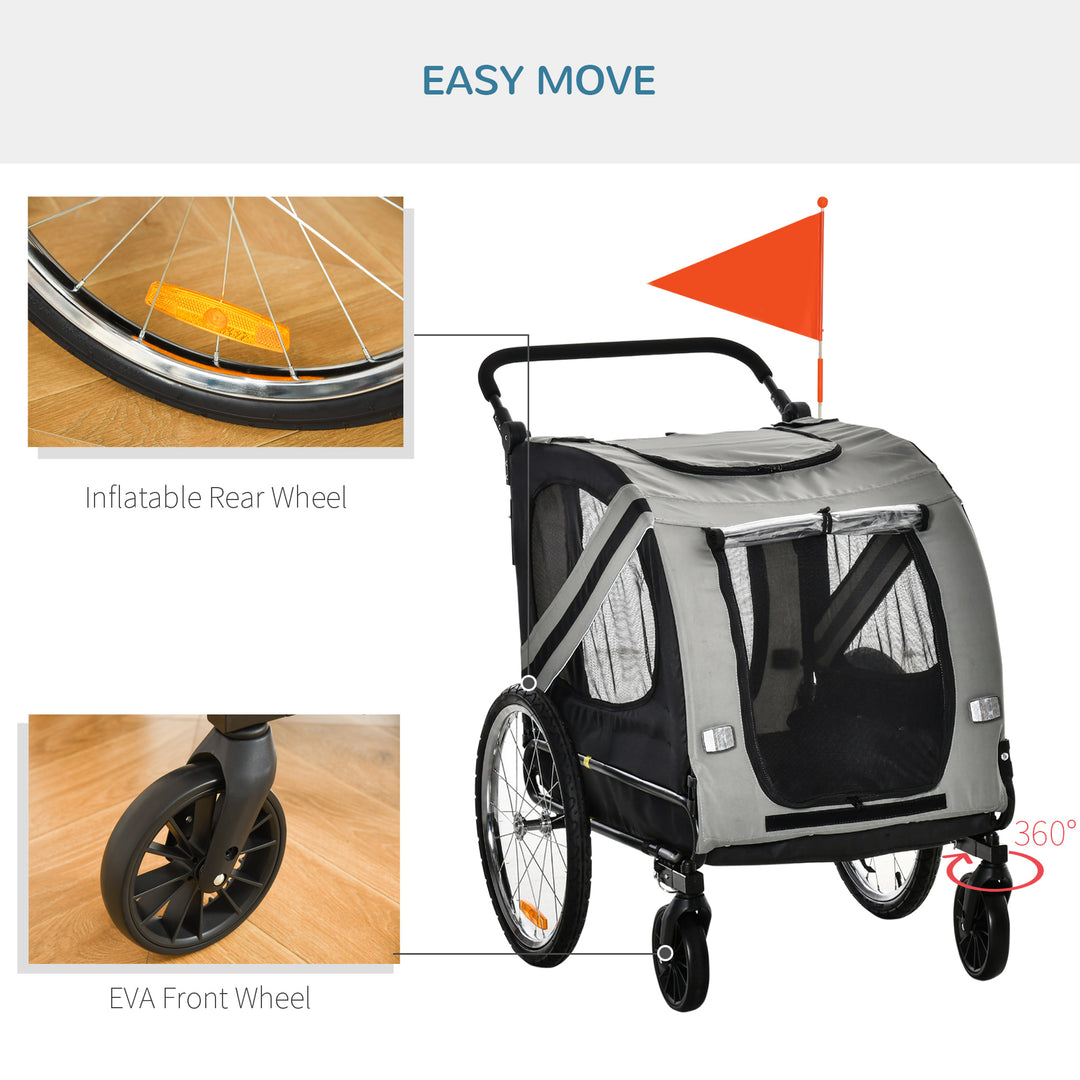 2-In-1 Pet Bike Trailer Dog Stroller Pushchair with Universal Wheel Reflector Flag Grey