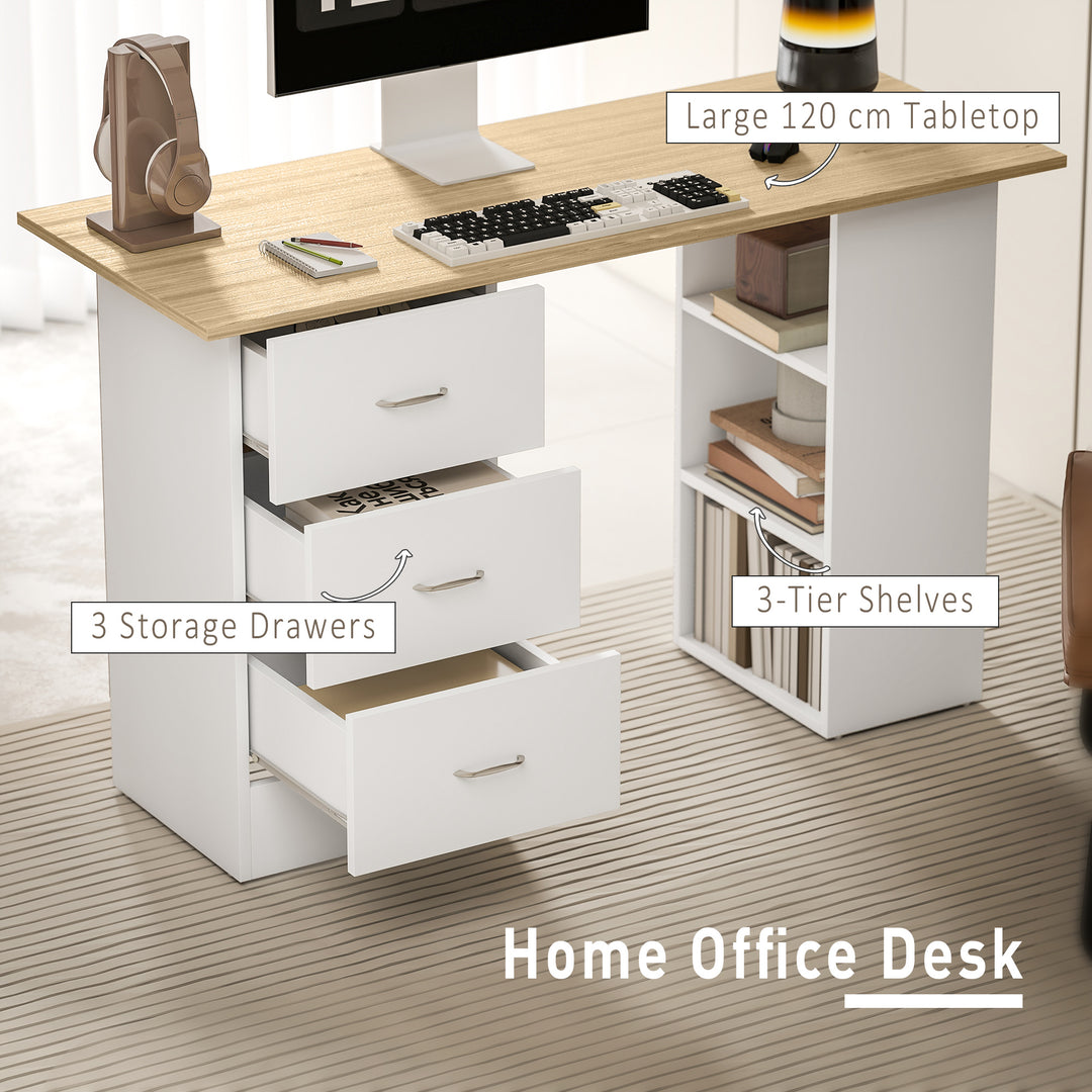 Computer Desk, Writing Table, PC Workstation with 3 Storage Shelves and Drawers, Silver Handle, for Home Office, Natural Wood Finish and White