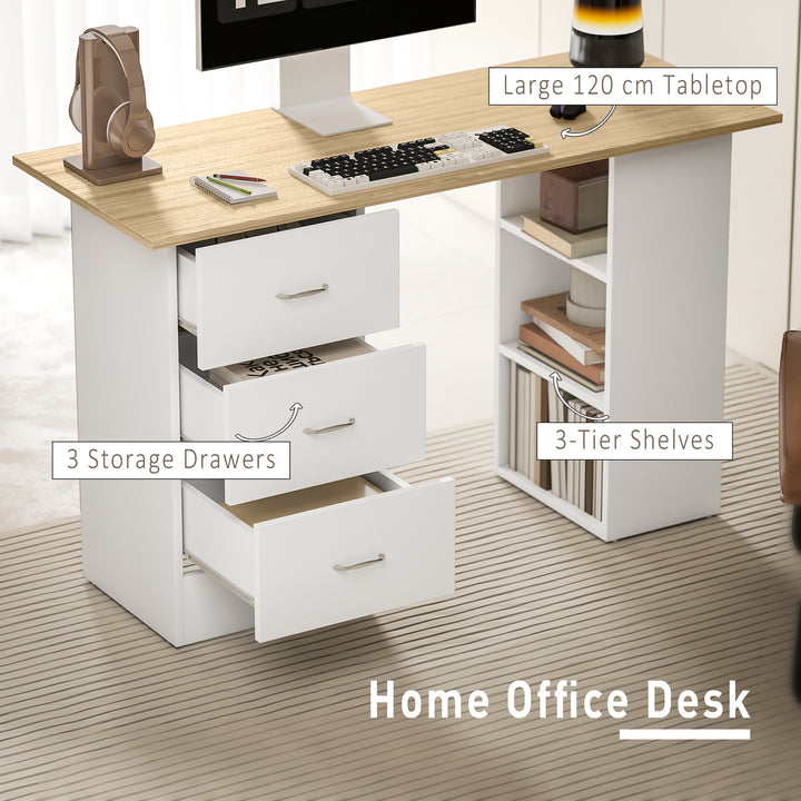 Computer Desk, Writing Table, PC Workstation with 3 Storage Shelves and Drawers, Silver Handle, for Home Office, Natural Wood Finish and White