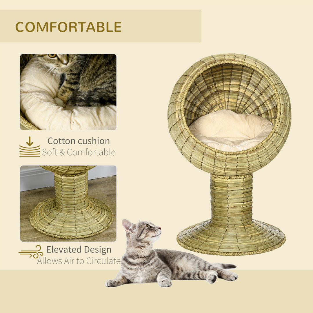 PawHut Cat House Elevated, Natural Mat Grass Bed, Round Kitten Cave with Cushion, Detachable Top, Yellow, 41 x 71.5 cm | Aosom UK